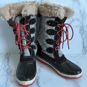 Khombu Arielle Tweed Lace Up Boot Brown Faux Fur Collar Size 7